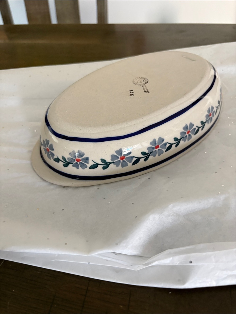 Authentic Polish Pottery - Peacock W Flowers Boleslawiec - Oval Casserole Dish - Picture 8 of 9